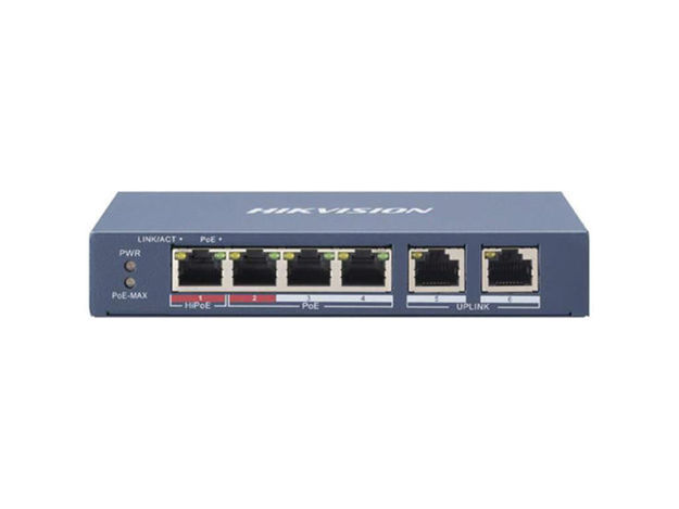 imagem de Switch Hikvision Ds-3e0106hp-E Metalico 6 Portas (1×10/100 Mbps Hi-Poe Port, 3×10/100 Mbps Poe Ports, e 2×10/100 Mbps)